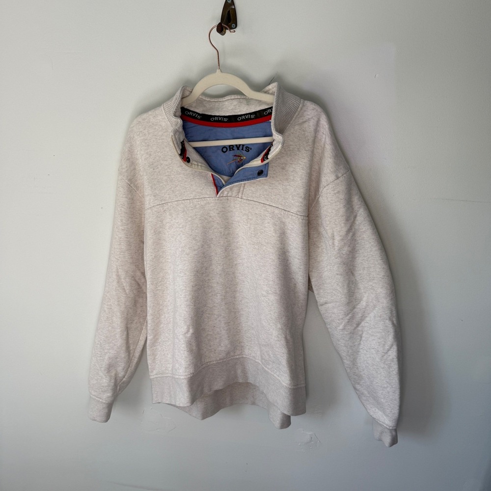 Orvis Mens Quarter Zip Sweatshirt Oatmeal Heather Fly Fishing Logo 2XL